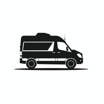 recommend clip art: Black silhouette of a camper van on a white background.