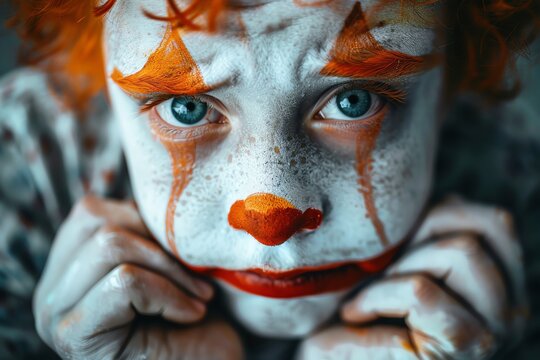 A close-up portrait of a sad clown with bright orange hair, blue eyes, and a painted-on red nose. The clown's face is painted white with streaks of orange and red.