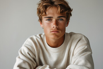 Fototapeta premium Young man in white sweater with blue eyes against blank white background, portrait for advertising