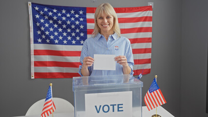 American woman voting in an election with usa flags in background