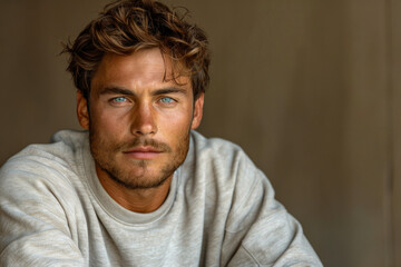 Fototapeta premium Close up of white young man in sweatshirt against blank brown background with copy space for ads