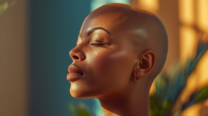 Bald black woman with shaved head meditating at golden hour. Candid side profile of young african american female with alopecia hair loss practicing wellness yoga & meditation at sunset