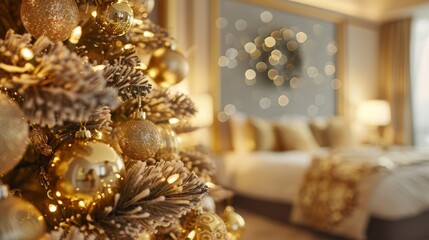 Golden and luxurious Christmas tree decorations in a warmly lit bedroom, creating a festive holiday atmosphere. Concept of Christmas, decoration, and holiday spirit.
