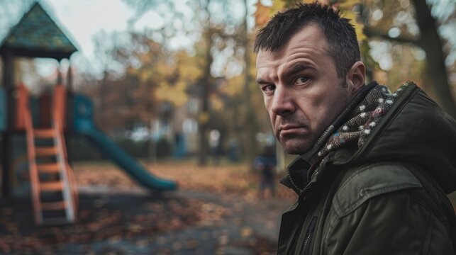 pedophile man lurking in a children's park during the day in high resolution and quality
