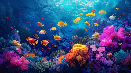 Fototapeta na wymiar underwater marine life, a vibrant school of fish dances around intricate coral, creating a mesmerizing sight in the tropical underwater paradise
