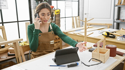 A confused woman in a carpentry workshop talks on the phone while gesturing at a wooden rack.