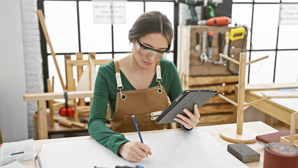 A focused woman carpenter in a workshop uses a tablet while drafting designs surrounded by...