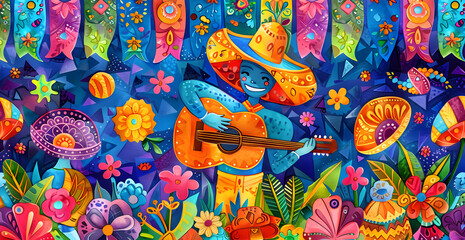 A colorful painting of a man playing a guitar in a field of flowers