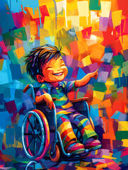 A boy in a wheelchair is smiling and pointing to the sky