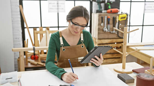 A focused woman carpenter in a workshop uses a tablet while drafting designs surrounded by woodworking tools.