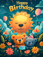 A cartoon of a sun with a birthday message on it