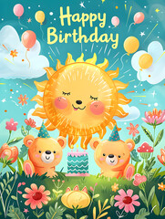 A cartoon drawing of a sun with two bears holding a cake and balloons