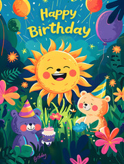 A colorful birthday card with a smiling sun, two bears, and a cake
