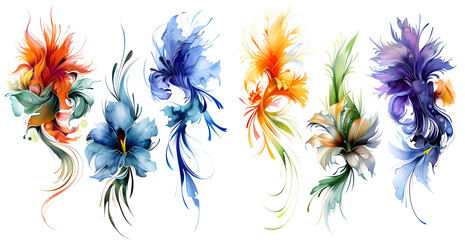 A series of colorful flowers are painted in watercolor