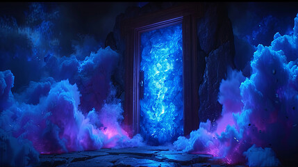 A blue door is in the middle of a room with purple clouds