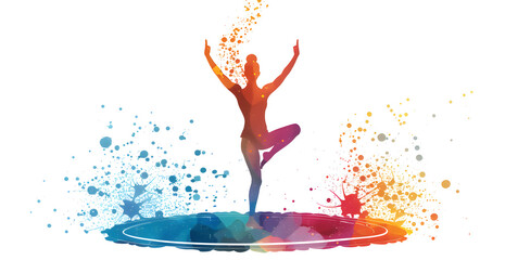 A woman is doing yoga on a colorful background