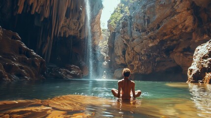 man meditating in a cave with a lake during the day in high resolution and high quality