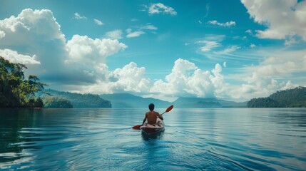 A person paddles a kayak on a calm lake on a sunny day.