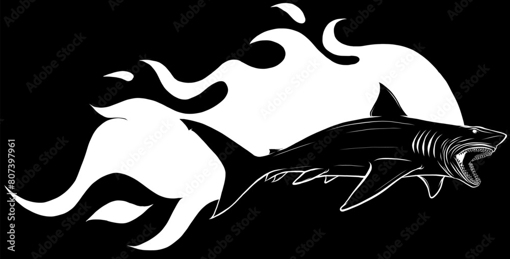 Wall mural white silhouette of Danger shark with flames fon black background