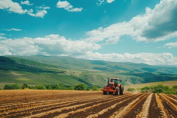 Naklejka premium agricultural machinery in the field. sunny day. view from the mountain