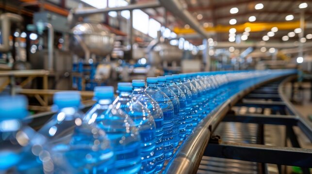 Long line of blue plastic water bottles on a conveyor belt in a factory setting, emphasizing mass production and industrial automation. Concept of manufacturing, industry, and consumer goods.