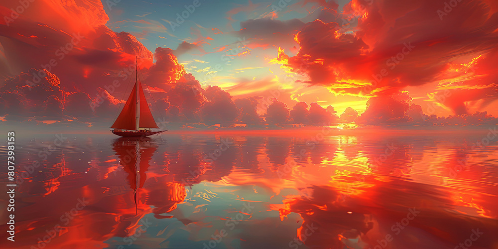 Wall mural a red sailboat is floating on a calm body of water - Wall murals
