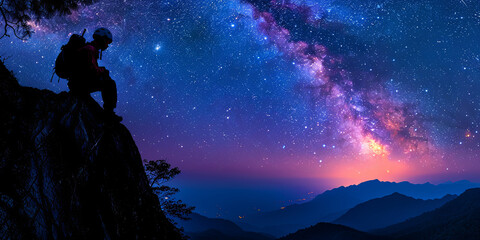 A person is sitting on a rock at night, looking up at the sky