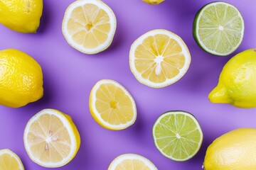 cut up citrus fruit lemons and limes on purple lilac background flat lay closeup view from above