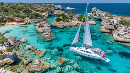 A sailboat is floating in a body of water with a rocky shoreline