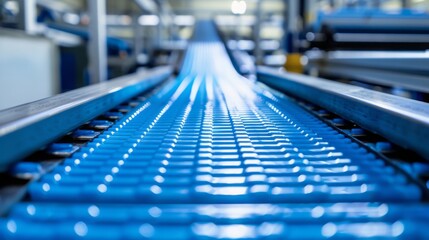 Obraz premium Low-angle view of a blue conveyor belt in a factory, symbolizing industrial automation and efficient production lines. Concept of industrial automation, factory production, and machinery. 