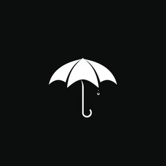 Minimalist white umbrella with a raindrop on black background.