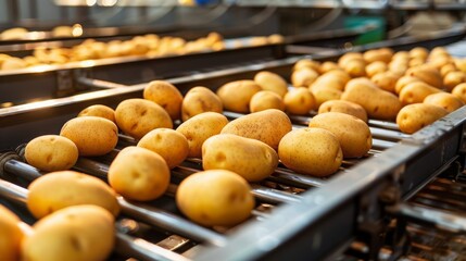 Potatoes moving along a conveyor belt in a food processing plant, highlighting automation and large-scale agricultural production. Concept of food production, agriculture, and automation.
