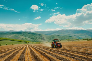 Obraz premium agricultural machinery in the field. sunny day. view from the mountain