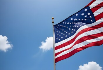 A large American flag waving against a cloudy blue sky