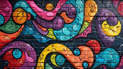 colorful and detailed graffiti on brick wall, showcasing urban street art vibe