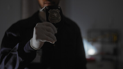 A silhouetted man displays a police badge in a dimly lit room, suggesting an undercover law...