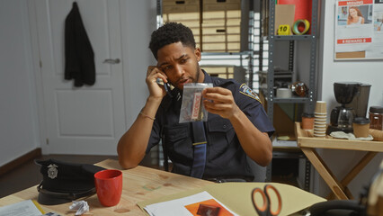 An african american policeman examining evidence while talking on the phone in a cluttered office.