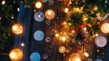 A wooden table adorned with candles, flowers, and an orange houseplant in a beautiful circular...
