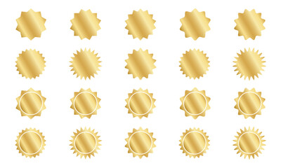 Set of gold round stickers with wavy borders. Shining golden curvy labels, quality badges, price tags, stamps, sale offer shapes isolated on white background. Vector realistic illustration.