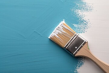 A paintbrush is laying on a blue wall with white paint