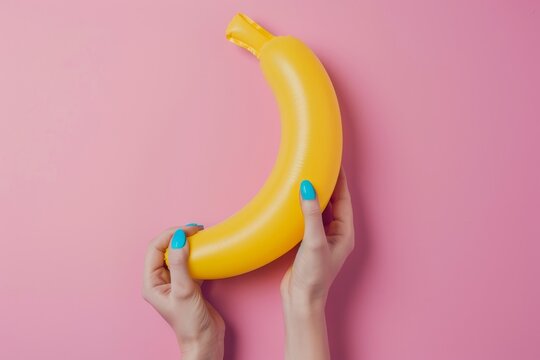 Vibrant Minimalist Image of a Hand Holding a Yellow Banana-Shaped Inflatable Against a Pink Background