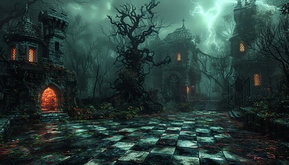 Capture the essence of horror meets strategy! Paint a wide-angle scene featuring sinister board game elements like twisted vines, dimly lit corners, and cryptic symbols Opt for traditional art mediums