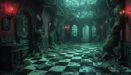 Capture the essence of horror meets strategy! Paint a wide-angle scene featuring sinister board game elements like twisted vines, dimly lit corners, and cryptic symbols Opt for traditional art mediums