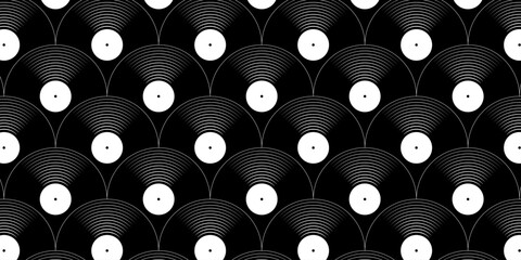 Vinyl plates seamless pattern. Reapiting gramophone LP music discs isolated on white background. DJ techno party concert. 70s 80s 90s discotheque nostalgia wallpaper. Vector flat illustration.