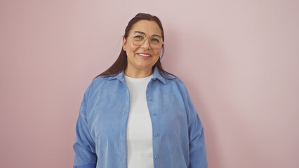 A smiling mature hispanic woman in casual attire stands confidently against a pink background,...