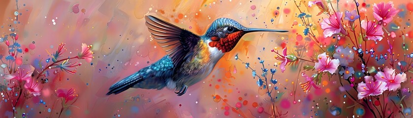 Fototapeta premium Capture the intricate details of a hummingbirds iridescent feathers against a backdrop of nanotech-inspired flora in vivid watercolors