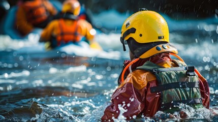 A man wearing a life jacket and helmet is floating in the water, ensuring safety during water activities.