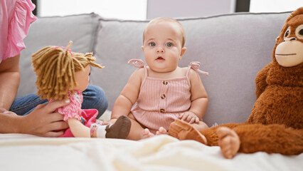 Cool mum and tiny tot, a casual indoor lifestyle of a mother and daughter's lovely playtime,...