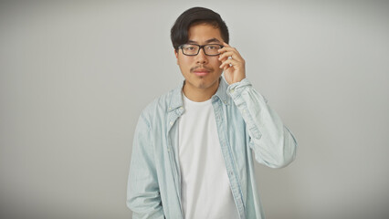 Young asian man adjusting glasses against a white background, looking confident and stylish.