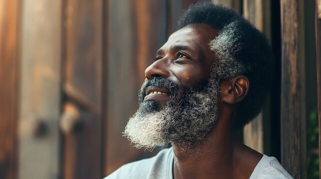 A senior man with a thoughtful expression outdoors, highlighting his textured beard and serene demeanor